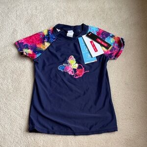 NEW Phibee Girls Navy Blue Butterfly Short Sleeve Rash Guard Swim Shirt Size 8